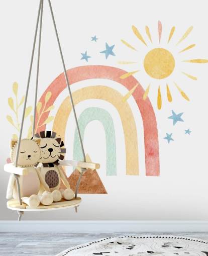 mural de pared de acuarela boho con arcoíris y montañas para dormitorio infantil mural de pared de acuarela boho con arcoíris y montañas para dormitorio infantil