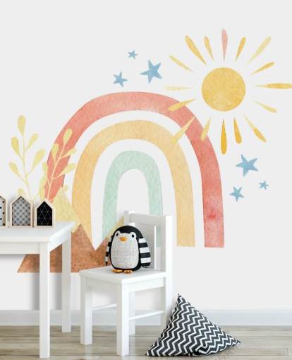 mural de pared de acuarela boho con arcoíris y montañas para dormitorio infantil mural de pared de acuarela boho con arcoíris y montañas para dormitorio infantil