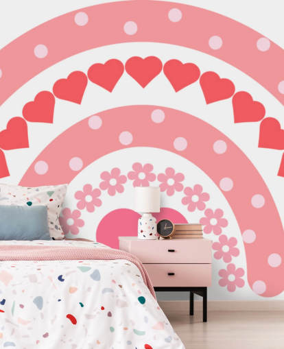 Pink Boho Rainbow Wallpaper Mural with hearts Pink Boho Rainbow Wallpaper Mural with hearts