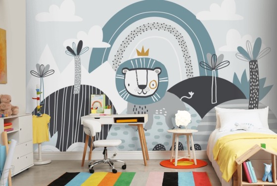 cute lion king wallpaper mural in blue in nursery