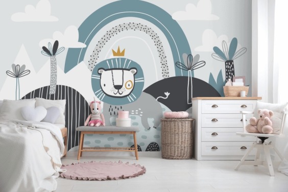 cute lion king wallpaper mural in blue in nursery