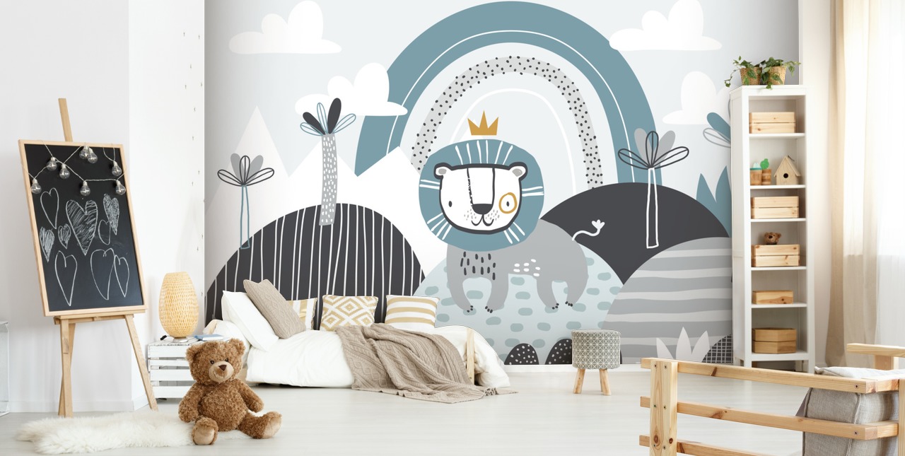 lindo mural de papel de parede do rei leão em azul no berçário
