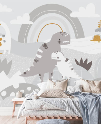 lindo mural de pared de dinosaurios en una montaña con un arcoíris lindo mural de pared de dinosaurios en una montaña con un arcoíris