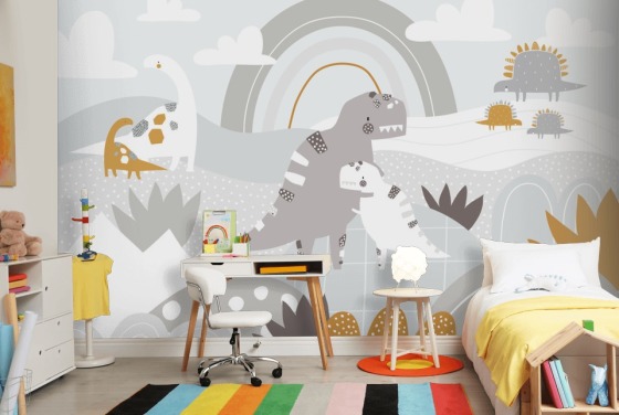 cute dinosaurs on a mountain with a rainbow wallpaper wall mural