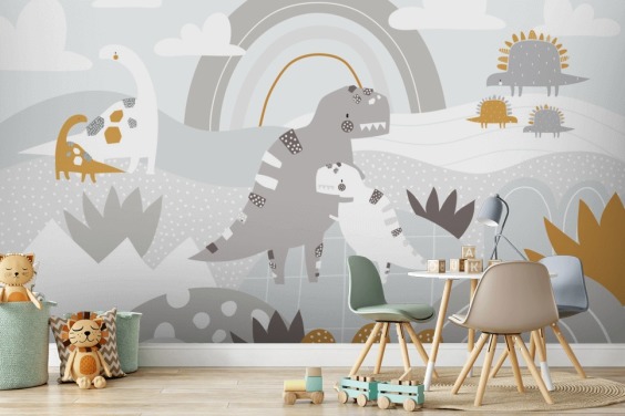 söta dinosaurier på ett berg med en regnbåge tapet väggmålning