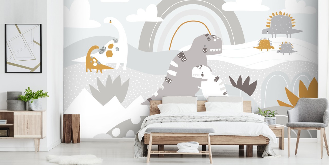 cute dinosaurs on a mountain with a rainbow wallpaper wall mural