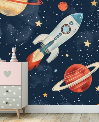 Cute Space Mural with Rocket and Planets Cute Space Mural with Rocket and Planets