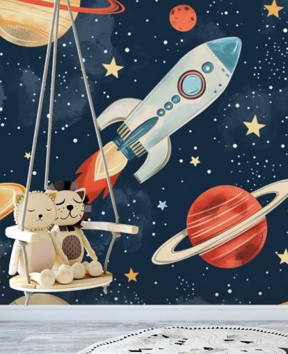 Cute Space Mural with Rocket and Planets Cute Space Mural with Rocket and Planets