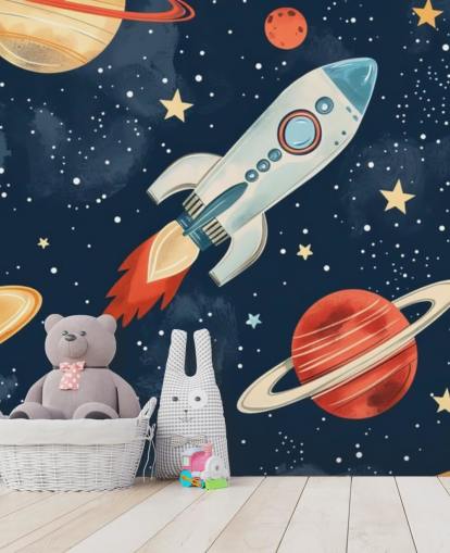 Jolie fresque spatiale avec fusée et planètes Jolie fresque spatiale avec fusée et planètes