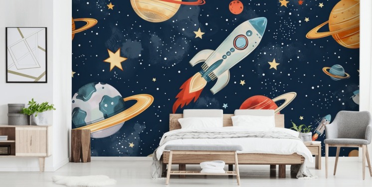 Cute Space Mural with Rocket and Planets