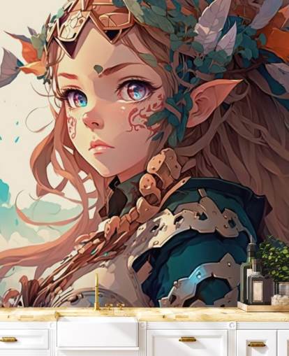 beige og grønt fantasy veggmaleri kalt Anime Elf Warrior for tenåringssoverom beige og grønt fantasy veggmaleri kalt Anime Elf Warrior for tenåringssoverom