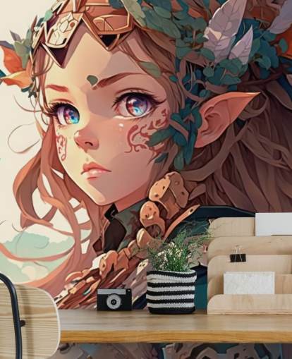 murale fantasy beige e verde chiamato Anime Elf Warrior per camere da letto per adolescenti murale fantasy beige e verde chiamato Anime Elf Warrior per camere da letto per adolescenti