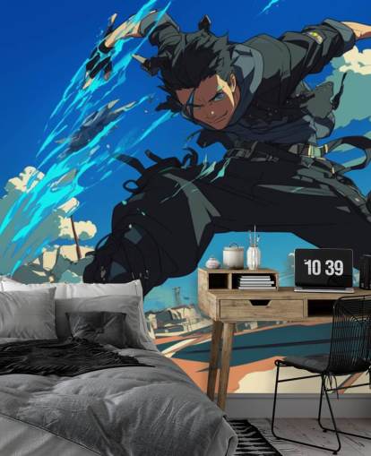murale anime personalizzabile blu e grigio chiamato Anime Fighter per camere da letto per adolescenti e sale giochi murale anime personalizzabile blu e grigio chiamato Anime Fighter per camere da letto per adolescenti e sale giochi