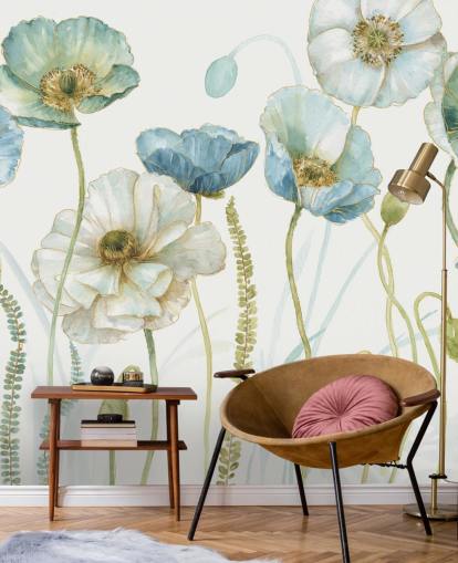 blue flower wallpaper mural called Greenhouse Flowers by Lisa Audit for living rooms and dining rooms blue flower wallpaper mural called Greenhouse Flowers by Lisa Audit for living rooms and dining rooms