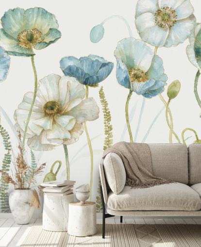 Blaue Blumentapete namens Greenhouse Flowers von Lisa Audit für Wohn- und Esszimmer Blaue Blumentapete namens Greenhouse Flowers von Lisa Audit für Wohn- und Esszimmer