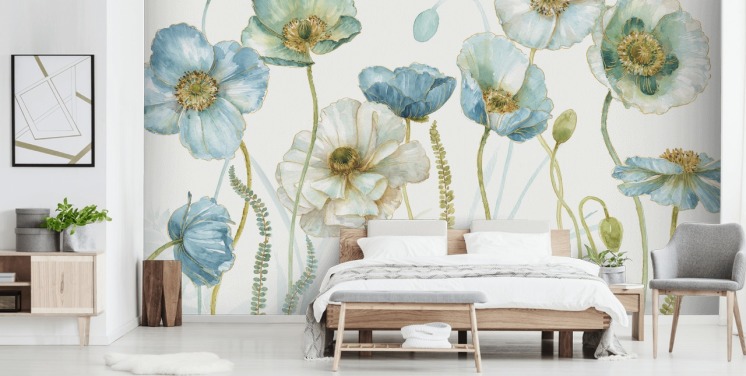 blå blomma tapet väggmålning kallad Greenhouse Flowers av Lisa Audit för vardagsrum och matsalar