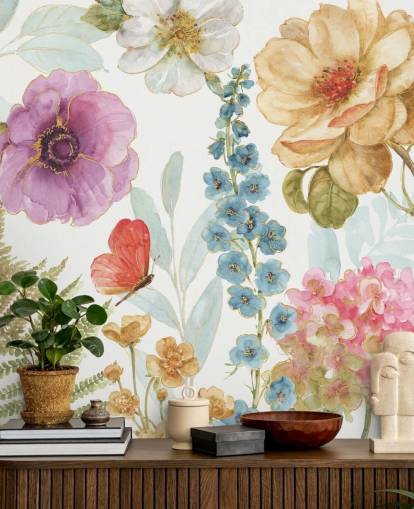 Peinture murale florale colorée avec papillon Peinture murale florale colorée avec papillon