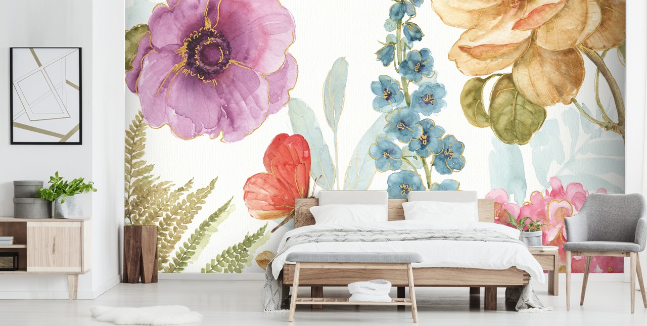 Colorido mural floral con mariposa Colorido mural floral con mariposa