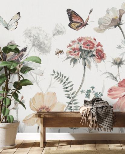 Botanical Wall Mural with Butterflies Botanical Wall Mural with Butterflies
