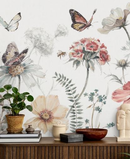 Botanical Wall Mural with Butterflies Botanical Wall Mural with Butterflies
