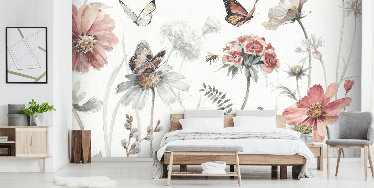 Botanical Wall Mural with Butterflies