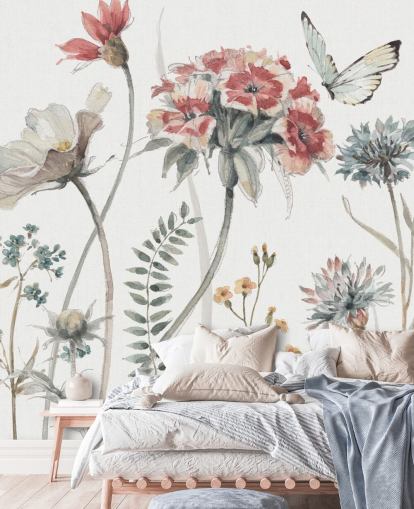 Colorido mural floral con mariposa Colorido mural floral con mariposa