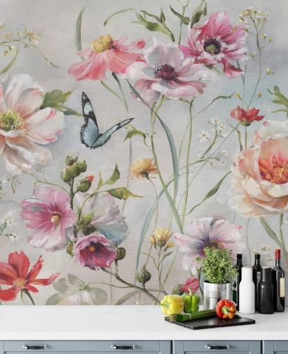 Vintage Botanical Wall Mural with Butterfly Vintage Botanical Wall Mural with Butterfly