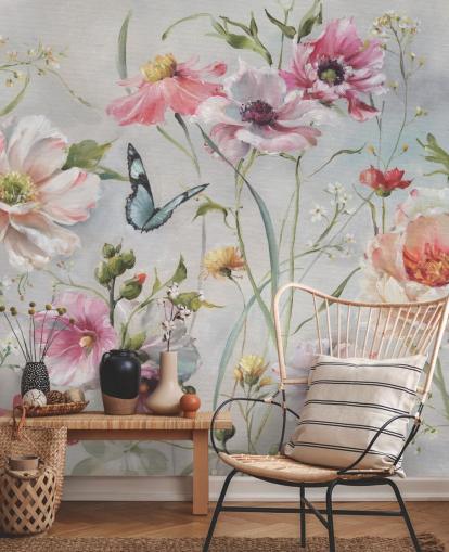 Vintage Botanical Wall Mural with Butterfly Vintage Botanical Wall Mural with Butterfly