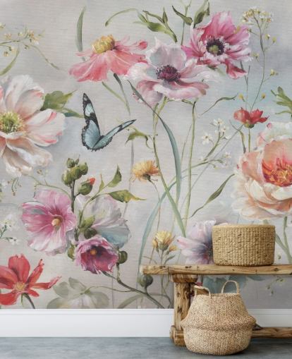 Vintage Botanical Wall Mural with Butterfly Vintage Botanical Wall Mural with Butterfly