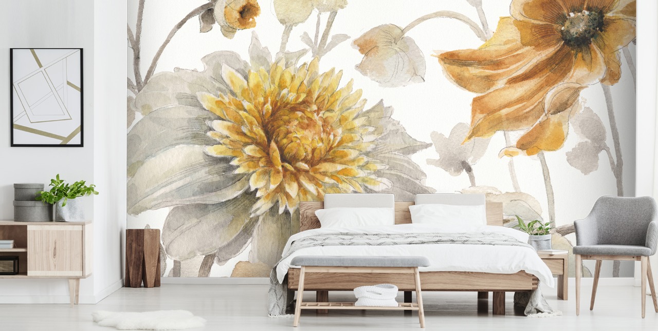 mural de pared botánico de oro amarillo