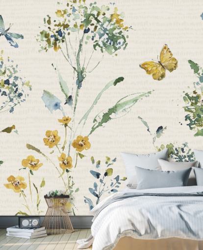 mural de parede floral colorido com libélula e borboleta mural de parede floral colorido com libélula e borboleta