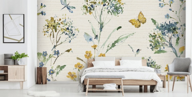 färgglad blommig väggmålning med trollslända och fjäril