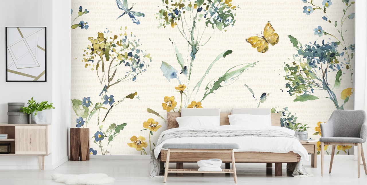 mural de parede floral colorido com libélula e borboleta