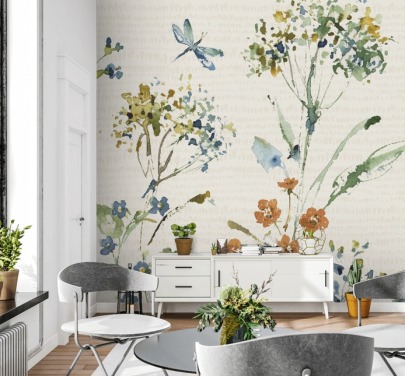 botanisk väggmålning med trollslända