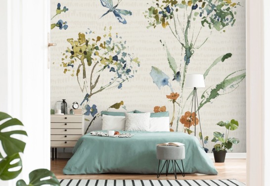 botanical wall mural with dragonfly