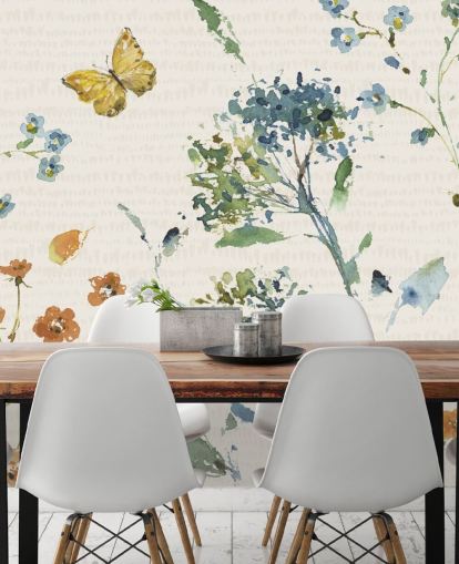 floral and butterfly wall mural in blues and oranges floral and butterfly wall mural in blues and oranges