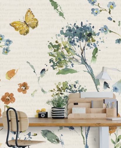 floral and butterfly wall mural in blues and oranges floral and butterfly wall mural in blues and oranges
