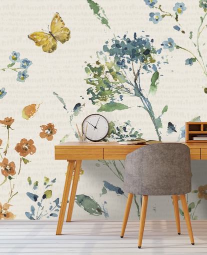 floral and butterfly wall mural in blues and oranges floral and butterfly wall mural in blues and oranges