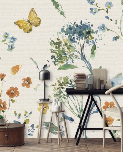 floral and butterfly wall mural in blues and oranges floral and butterfly wall mural in blues and oranges