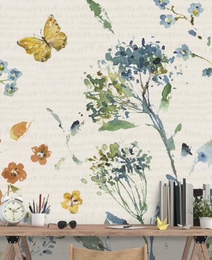 fresque murale florale et papillon dans les tons bleus et oranges fresque murale florale et papillon dans les tons bleus et oranges