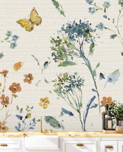 floral and butterfly wall mural in blues and oranges floral and butterfly wall mural in blues and oranges