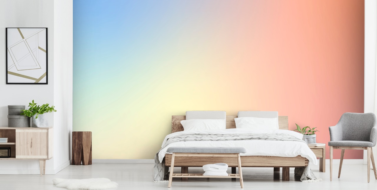 blaue, gelbe und rote Ombre-Tapete namens Sunny Day für Schlafzimmer und Wohnzimmer