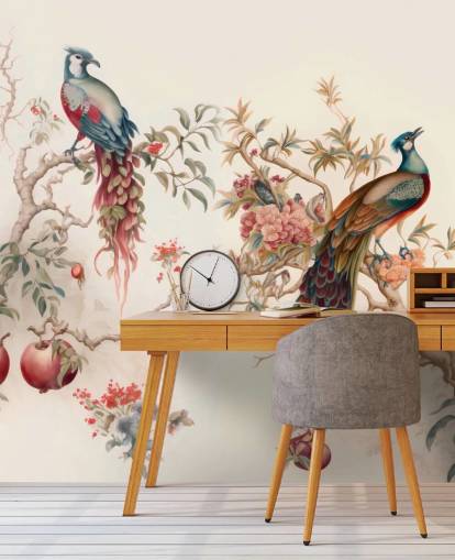 Papel pintado de pájaros orientales con pavos reales Papel pintado de pájaros orientales con pavos reales