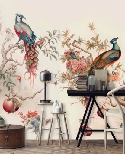 Papel pintado de pájaros orientales con pavos reales Papel pintado de pájaros orientales con pavos reales