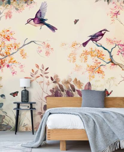 papier peint forêt violet et orange avec oiseaux pour chambre papier peint forêt violet et orange avec oiseaux pour chambre