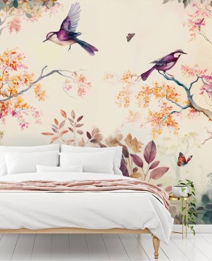 purple and orange forest wallpaper with birds for bedroom purple and orange forest wallpaper with birds for bedroom