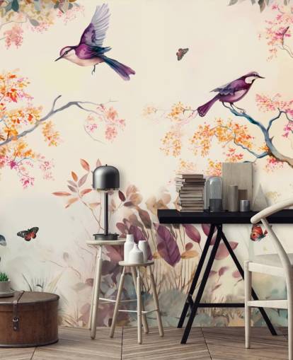 purple and orange forest wallpaper with birds for bedroom purple and orange forest wallpaper with birds for bedroom