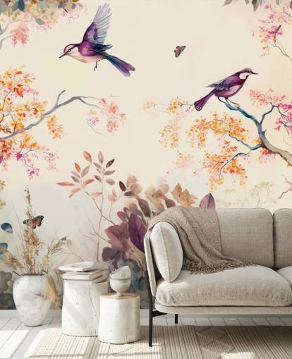 papel de parede de floresta roxa e laranja com pássaros para quarto papel de parede de floresta roxa e laranja com pássaros para quarto