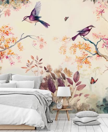 papier peint forêt violet et orange avec oiseaux pour chambre papier peint forêt violet et orange avec oiseaux pour chambre