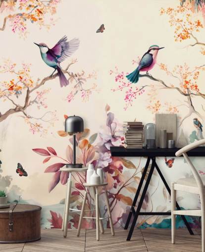 colourful oriental wallpaper mural with birds colourful oriental wallpaper mural with birds